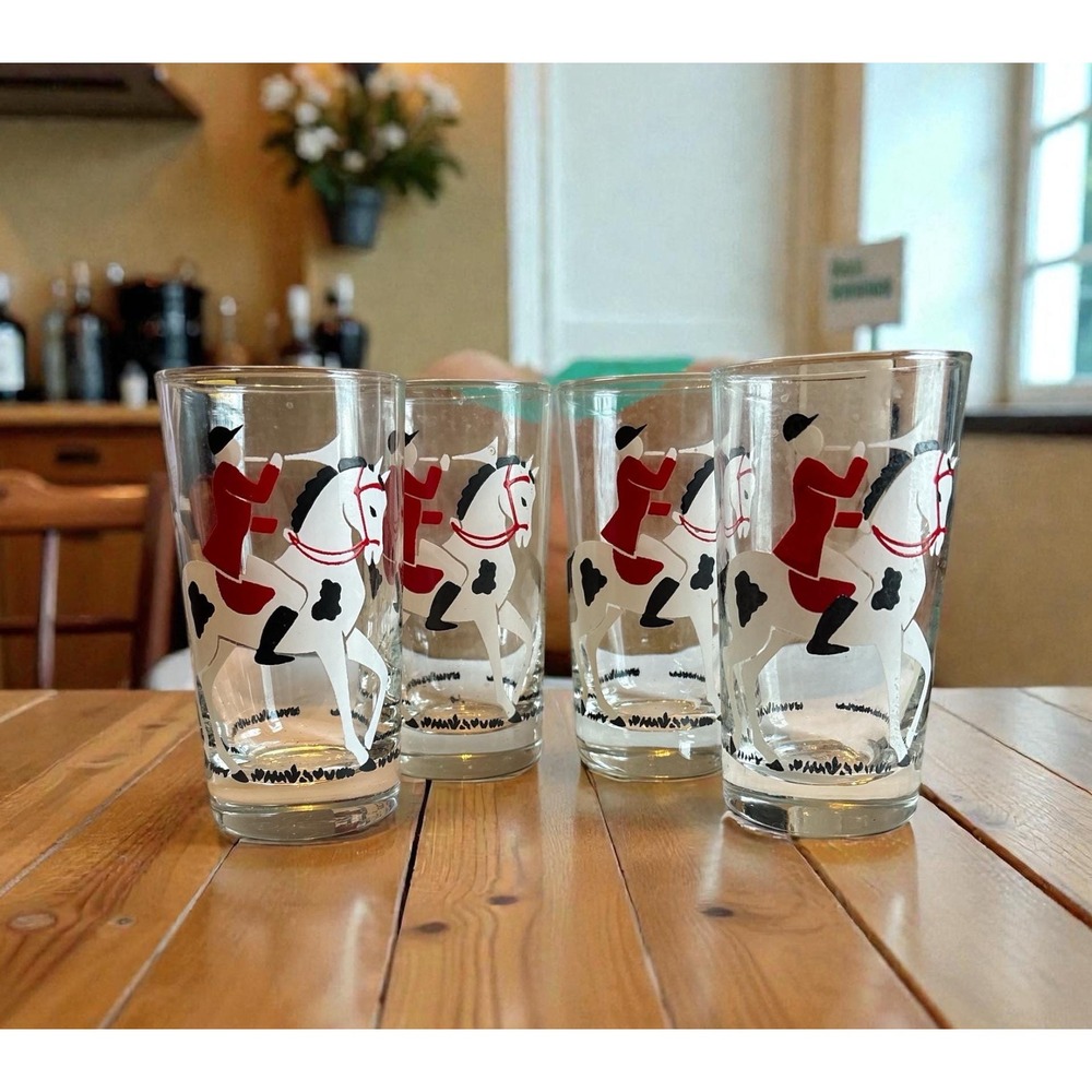 Vintage Fox Hunt Highball Glasses Set of 4 Equestrian Horse Rider Red Coat 12oz